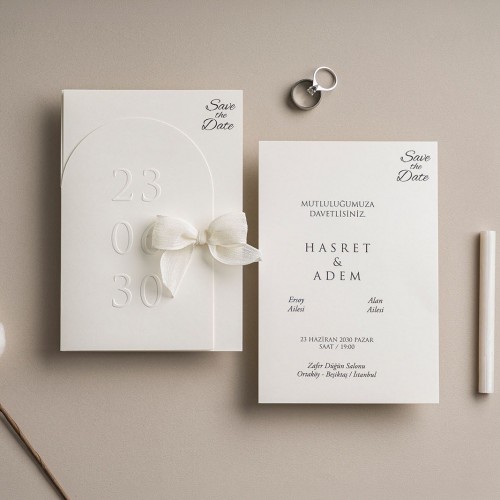 Kurdeleli Kabartma Detaylı Düğün Davetiyesi